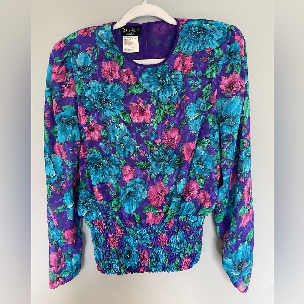 Diane Freis Vintage 80's/90's Purple Beaded Chiffon Floral Top (M)